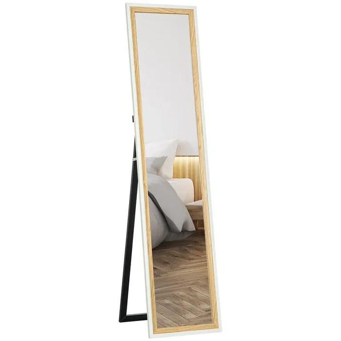 HOMCOM Espejo de Pie Cuerpo Entero 157×37 cm, Espejo Grande de Pared con Marco Bicolor, de Pie, Inclinado o Colgante, para Salón, Dormitorio, Pasillo, Entrada, Blanco y Natural Oscuro
