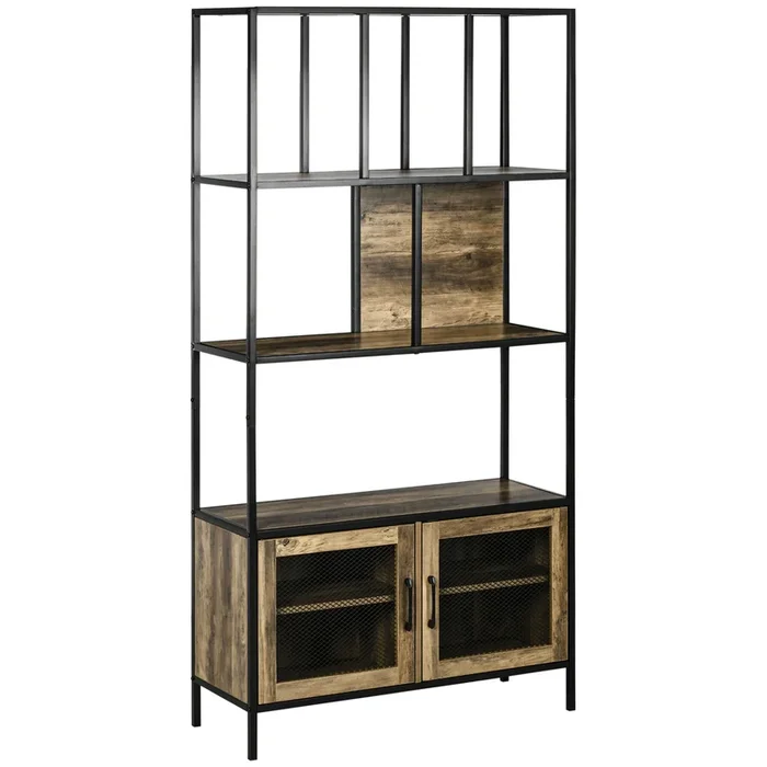 HOMCOM Estantería Industrial Estantería Librería Estantería para Libros con 2 Puertas de Rejilla y Marco de Metal para Salón Oficina Estudio 90×33,5×180 cm Negro y Natural