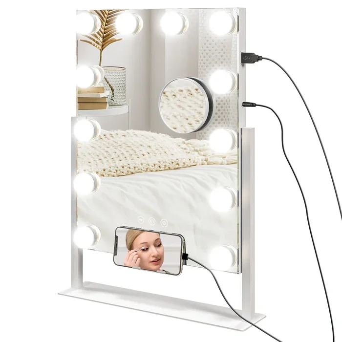 HOMCOM Hollywood Espejo de Maquillaje con Luz Espejo de Tocador Giratorio 30×40 cm con Bombillas LED Modos de Iluminación Ajustables Interruptor Táctil Soporte para Teléfono y Puerto USB Blanco