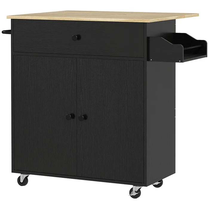 HOMCOM Isla de Cocina con Ala Abatible Carrito de Cocina Mueble Auxiliar de Cocina con Ruedas 2 Puertas Cajón Especiero Toallero y Estante Ajustable 106x42x87 cm Negro y Roble