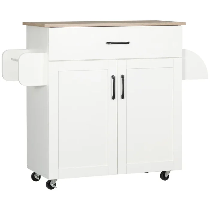 HOMCOM Isla de Cocina con Ruedas, Carrito de Cocina con Cajón, 2 Puertas, Toallero y Especiero, Estante Ajustable, para Comedor, 105x36x85 cm, Blanco