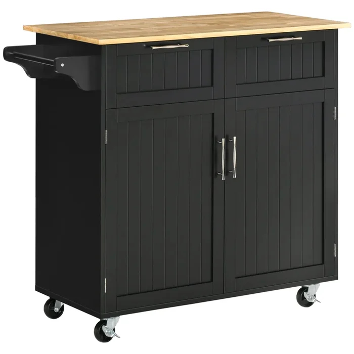 HOMCOM Isla de Cocina con Ruedas Carrito de Cocina Mueble Auxiliar de Cocina con 2 Puertas 2 Cajón Toallero y Estante Ajustable para Comedor Salón 104x46x91 cm Negro