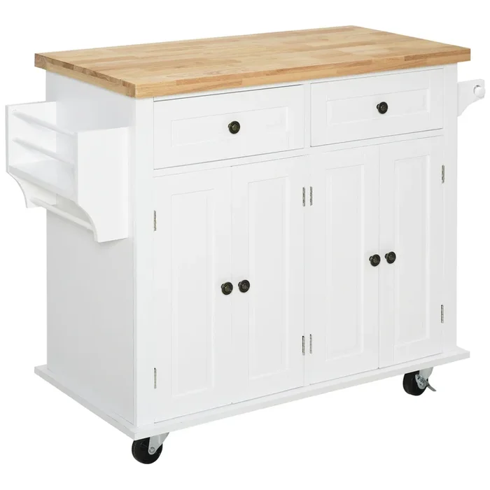 HOMCOM Isla de Cocina con Ruedas Carro de Cocina con 2 Cajones 4 Puertas Especiero Encimera de Madera Estante Ajustable y Barra Lateral para Comedor 111×44,5×82,5 cm Blanco