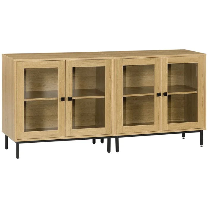 HOMCOM Juego de 2 Aparadores de Cocina Armarios Vitrinas para Salón con Puertas de Vidrio y Patas de Metal para Comedor Dormitorio 160x40x76 cm Roble