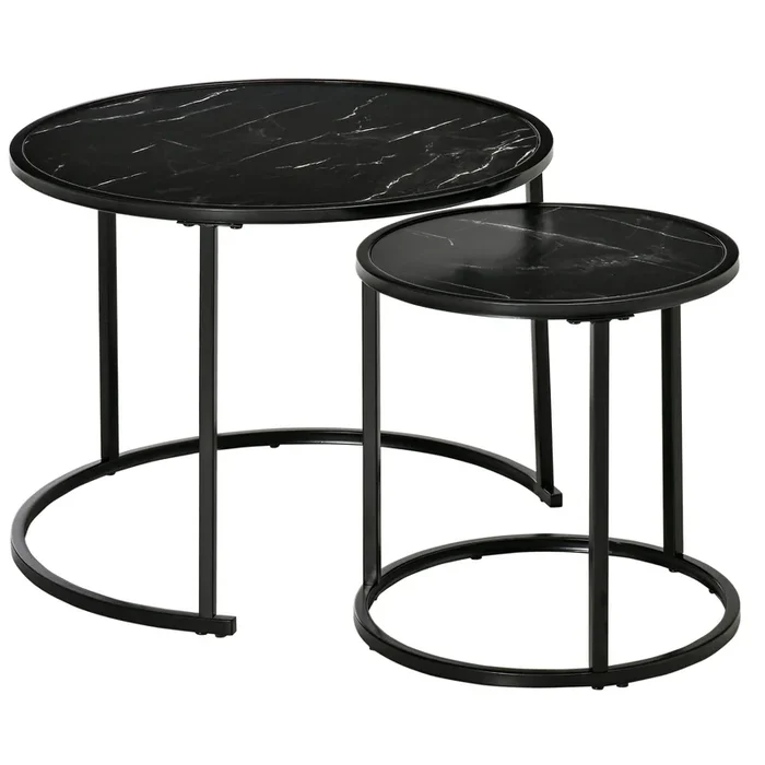 HOMCOM Juego de 2 Mesas Auxiliares Redondas Apilables Mesas Nidos Modernas con Encimera en Efecto de Mármol y Marco de Acero Ø60×46 cm y Ø40×40 cm Negro