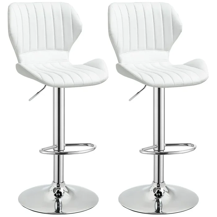 HOMCOM Juego de 2 Taburetes Altos de Cocina y Giratorio Taburetes Altos de Cuero Sintético con Respaldo y Estructura de Metal 47×51,5×92-114 cm Blanco