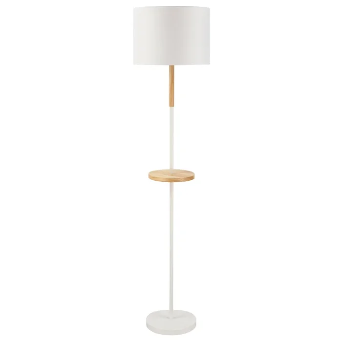 HOMCOM Lámpara de Pie con Estante de Madera Pantalla de Tela Casquillo E27 Máx. de 40W y Interruptor de Pie Moderno para Salón Dormitorio Estudio Ø35×155 cm Blanco