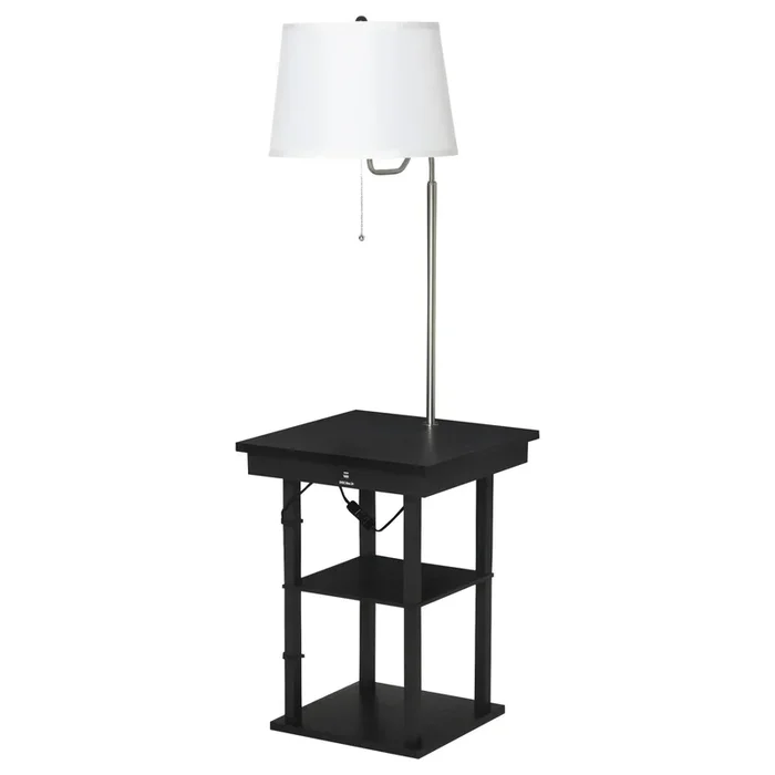 HOMCOM Lámpara de Pie con Mesa Auxiliar Lámpara con Estante y 2 Puertos de Carga USB Casquillo E27 Max. 40W Interruptor de Cadena para Salón Dormitorio 44,5×44,5×144,5 cm Negro y Blanco
