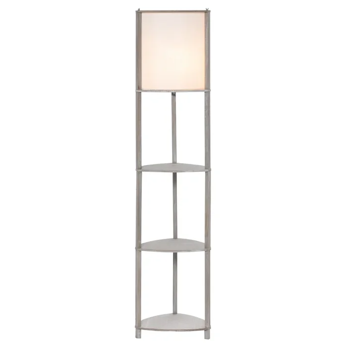 HOMCOM Lámpara de Pie de Madera con 3 Estantes Pantalla PVC Interruptor de Pie Estilo Moderno para Dormitorio Sala de Estar Salón Estudio 32x32x150 cm Roble Gris y Blanco