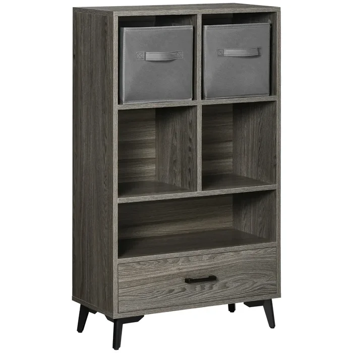 HOMCOM Librería para Libros Armario de Entrada con 2 Cajones de Tela Extraíbles y 5 Compartimientos de Almacenaje Armario de Salón para Oficina Dormitorio Estilo Moderno 60×28,5×105 cm Gris