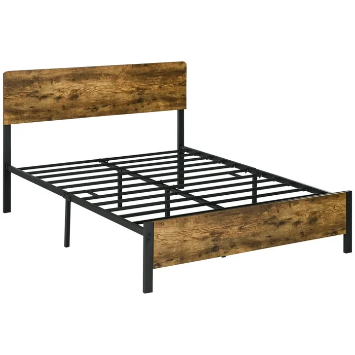 HOMCOM Marco de Cama Industrial Estructura de Cama Doble 162×207 cm Somier de Listones de Acero con Cabecero Carga 300 kg Marrón Rústico