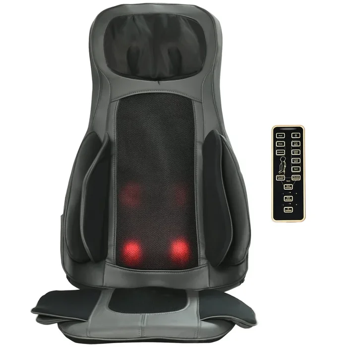 HOMCOM Masajeador de Asiento con Calor Cojín de Asiento de Masaje Shiatsu con Tejido Profundo Mando a Distancia 16 Motores de Vibración para Oficina Coche 52x39x78 cm Negro