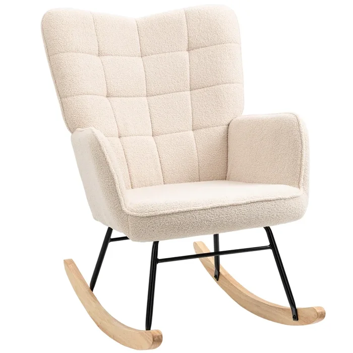 HOMCOM Mecedora de Borreguito Silla Mecedora con Patas de Madera de Haya y Marco de Acero Carga 120 kg para Dormitorio Salón Beige