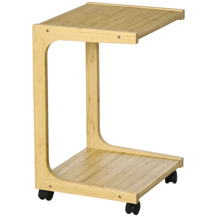 HOMCOM Mesa Auxiliar con Ruedas Mesa para Sofá de Bambú en Forma de C con Estante Inferior y Frenos para Dormitorio Salón 39×35,5×59 cm Natural