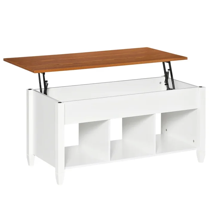 HOMCOM Mesa de Centro Elevable Mesa de Café con 3 Compartimentos Abiertos Mesa Rectangular Moderna para Salón Comedor 105x50x48-61,5 cm Blanco y Marrón