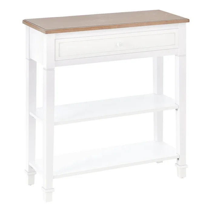 HOMCOM Mesa de Consola Multifuncional Mesa Auxiliar para Sala Pasillo Comedor con 2 Estantes 1 Cajón Extraíble Manija Estilo de Retro Pino 75,6×27,5×80,5 cm Madera Natural Blanco