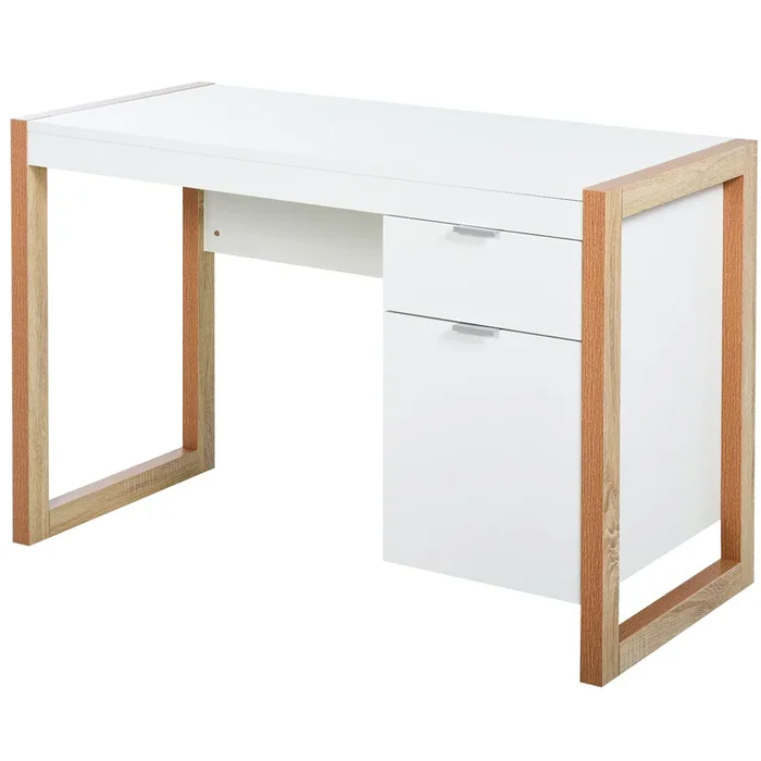 HOMCOM Mesa de Escritorio Mesa de Ordenador Espaciosa con Cajón Armario Patas de Forma Rectangular Estilo Moderno Decoración Adicional 112,5x50x75,5 cm Blanco