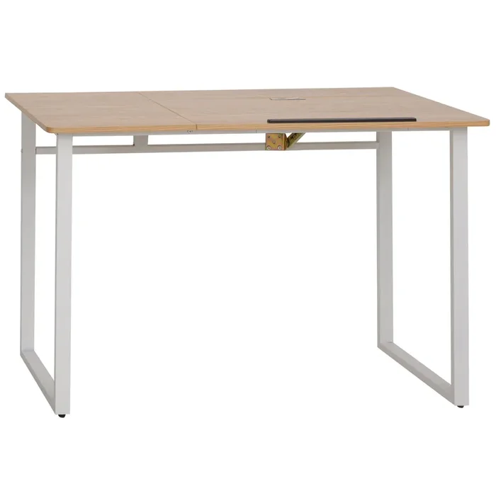 HOMCOM Mesa de Escritorio Mesa para Computadora Portátil Amplio Espacio con Tablero Ajustable en Ángulo Barra Adicional 120x55x76 cm Color Madera Blanco