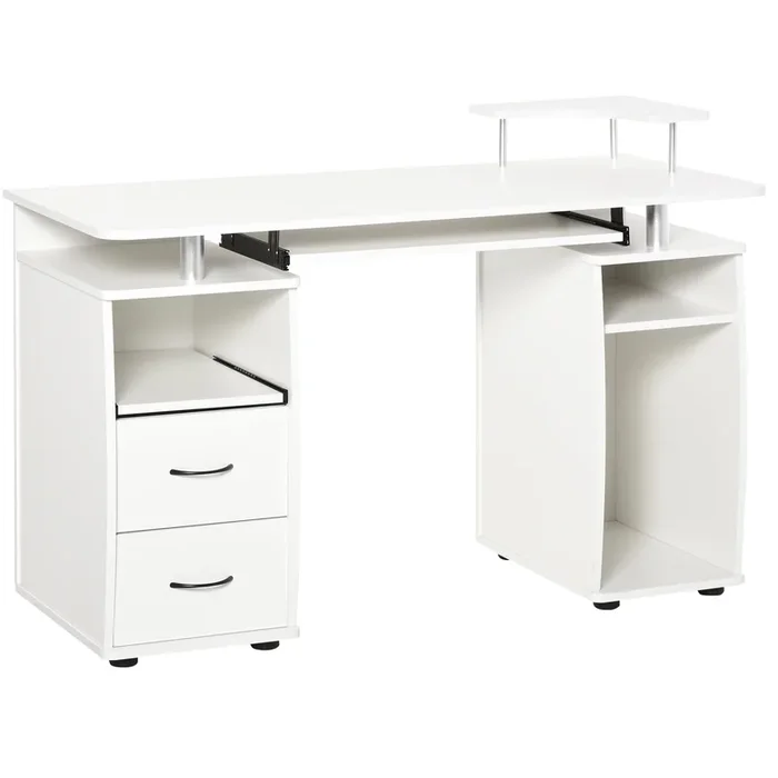 HOMCOM Mesa de Ordenador PC 120 cm Mesa Escritorio de Oficina con Múltiples Estantes 2 Cajones Bandeja de Teclado y Soportes para Monitor CPU 120x55x85 cm Blanco