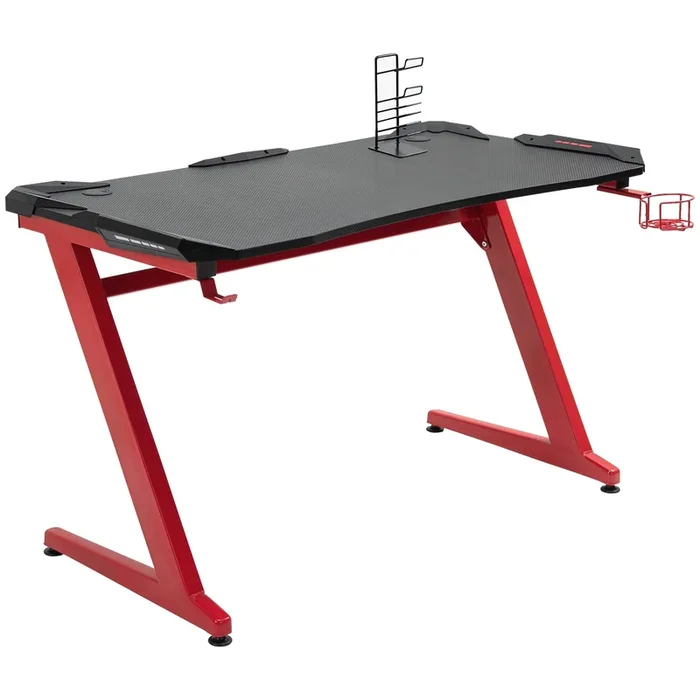 HOMCOM Mesa Gaming Escritorio 122x66x76 cm para Ordenador Tablero de Fibra de Carbono Portavasos Gancho para Auriculares Soporte de Gamepad y 2 Orificios Pasacables Negro y Rojo