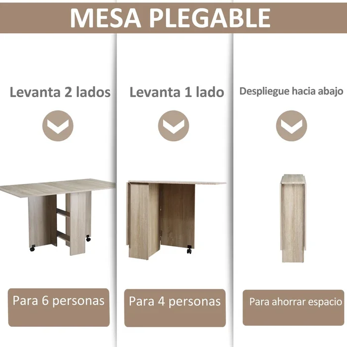 HOMCOM Mesa Plegable de Comedor Mesa de Cocina Plegable con Ruedas Alas Abatibles y Estantes para 4-6 Personas 80x140x74 cm Natural