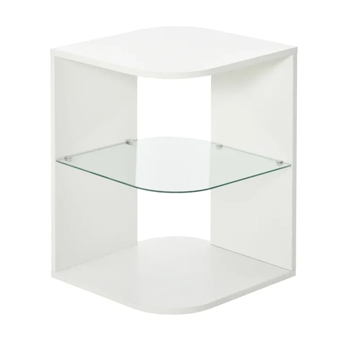 HOMCOM Mesita Auxiliar de Salón Moderna Mesilla de Noche con 3 Estantes Tablero de Cristal Mesita de Café para Sala de Estar Dormitorio 40x40x56 cm Blanco