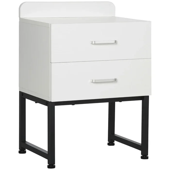 HOMCOM Mesita de Noche con 2 Cajones Borde Elevado y Patas de Acero Mesa Auxiliar para Dormitorio Salón Cama Oficina Estilo Industrial 40x29x58 cm Blanco