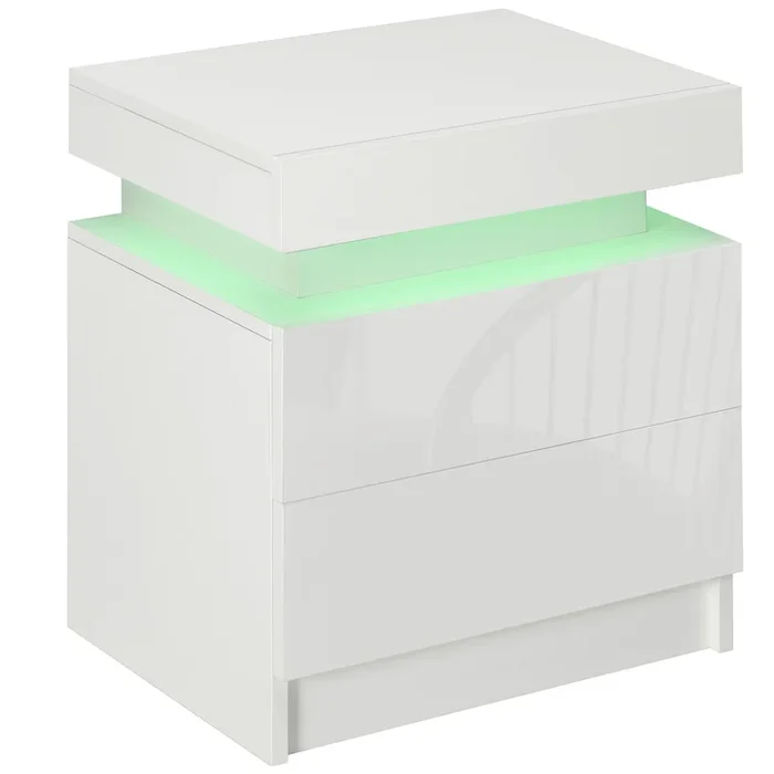 HOMCOM Mesita de Noche con Luces LED Mesilla de Noche con 2 Cajones y Control Remoto Mesa de Noche para Dormitorio Salón 45x35x52 cm Blanco Brillo