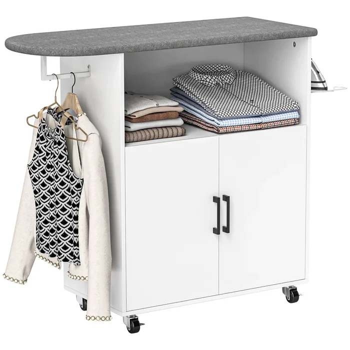 HOMCOM Mueble de Plancha con Ruedas Mueble de Planchado con Barra para Colgar Ropa Estante Abierto y Tabla de Planchar 125×43,5×102,5 cm Blanco