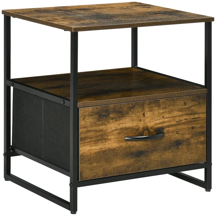 HOMCOM Mueble Organizador Cajonera de Tela con Cajón Plegable Estante Abierto y Marco de Acero Estilo Industrial para Salón Recibidor Dormitorio 45x40x50,5 cm Marrón Rústico