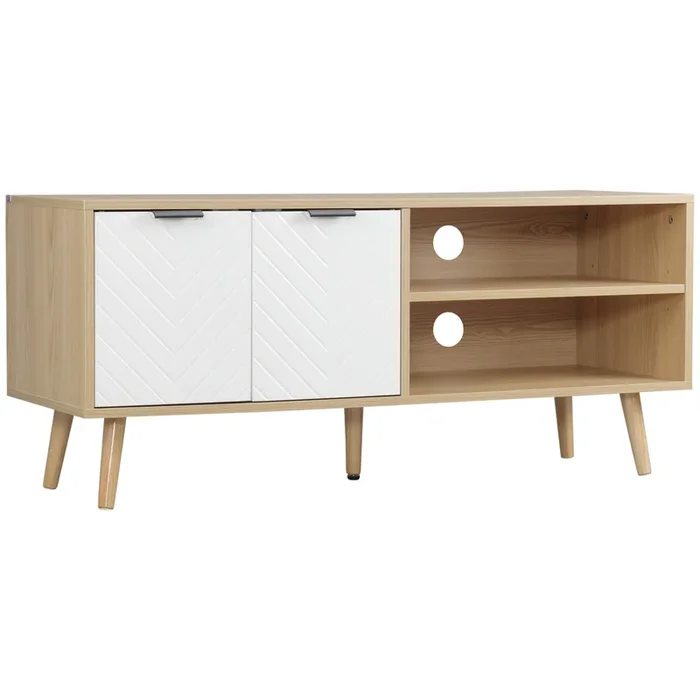HOMCOM Mueble para TV Moderno Mesa para TV de Salón con 2 Puertas y 2 Estantes de Almacenaje para Televisores de hasta 46″ para Dormitorio 110x39x48,8 cm Natural y Blanco