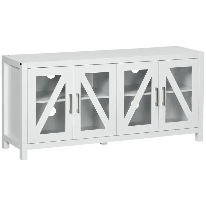 HOMCOM Mueble TV de Salón Mesa para Televisores de hasta 58″ con 4 Puertas de Vidrio Templado Estantes Ajustables y 4 Orificios para Cables para Dormitorio 130x35x60 cm Blanco