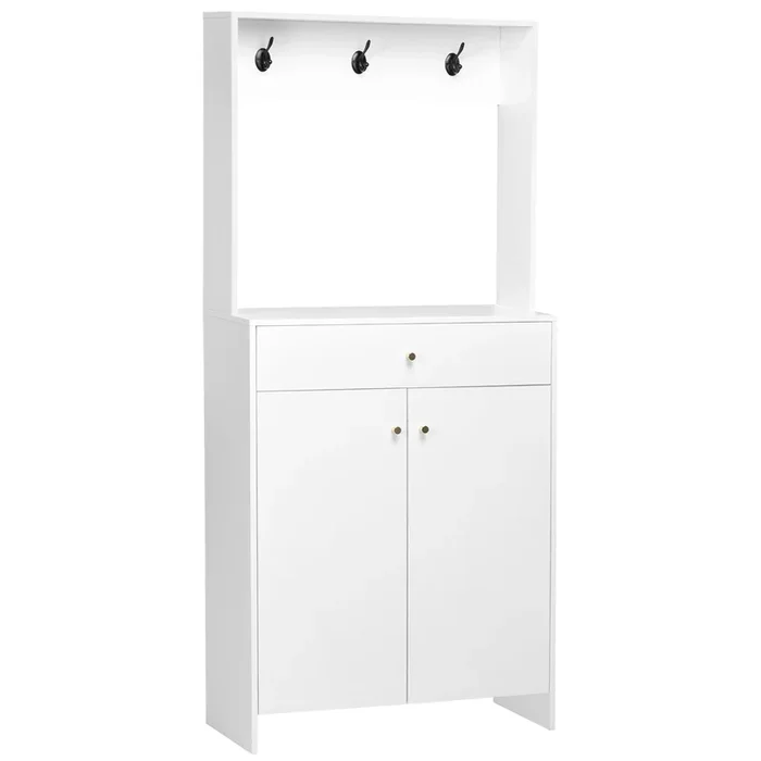 HOMCOM Mueble Zapatero con Perchero Armario de Zapatos con 3 Ganchos Cajón 2 Puertas y Estantes Ajustables para 12 Pares de Zapatos para Pasillo Entrada 80x32x180 cm Blanco