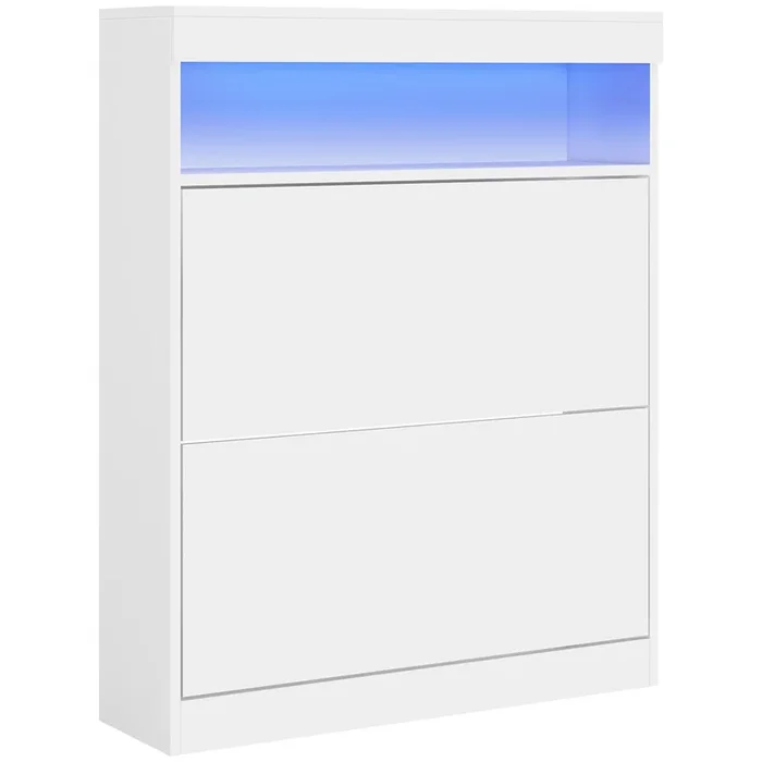 HOMCOM Mueble Zapatero de Recibidor Armario Zapatero Independiente o Pared con Luces LED Estante Abierto y 2 Cajones Abatibles para 12-16 Pares de Zapatos 80x24x99,5 cm Blanco Brillante