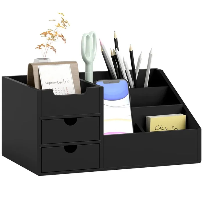 HOMCOM Organizador de Escritorio de Bambú Organizador de Mesa con 2 Cajones 6 Compartimentos y Estante para Oficina Hogar 33×20,5×15,5 cm Negro