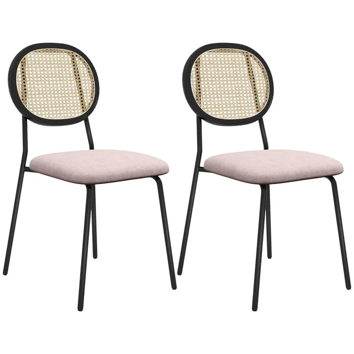 HOMCOM Pack de 2 Sillas de Comedor Sillas de Cocina con Respaldo de Ratán Sintético y Marco de Acero para Salón 44x54x87 cm Rosa y Negro