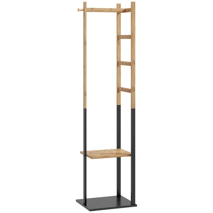 HOMCOM Perchero de Pie de Bambú, con 2 Estantes, 2 Ganchos, 5 Barras, Perchero de Entrada Recibidor con Estructura de Acero, para Colgar Ropa, en Pasillo, Sala de Estar, Dormitorio, Natural y Negro