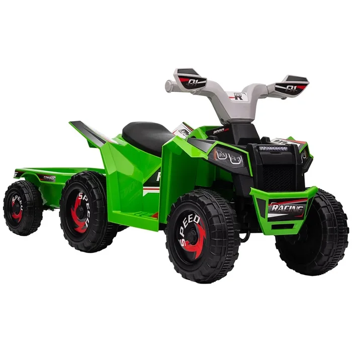 HOMCOM Quad Eléctrico para Niños con Remolque a Batería 6V, Quad para Niños de 18-36 Meses con Velocidad 2,5 km/h, 6 Ruedas y Manillar Antideslizante, 106×41,5×48,5 cm, Verde