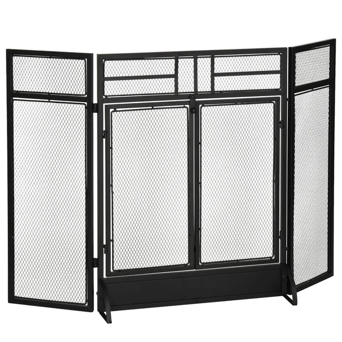 HOMCOM Salvachispas Plegable Pantalla Protectora de Chimenea de 3 Paneles con Doble Puerta y Pies Adicionales 120×11,5×79 cm Estructura de Metal Negro