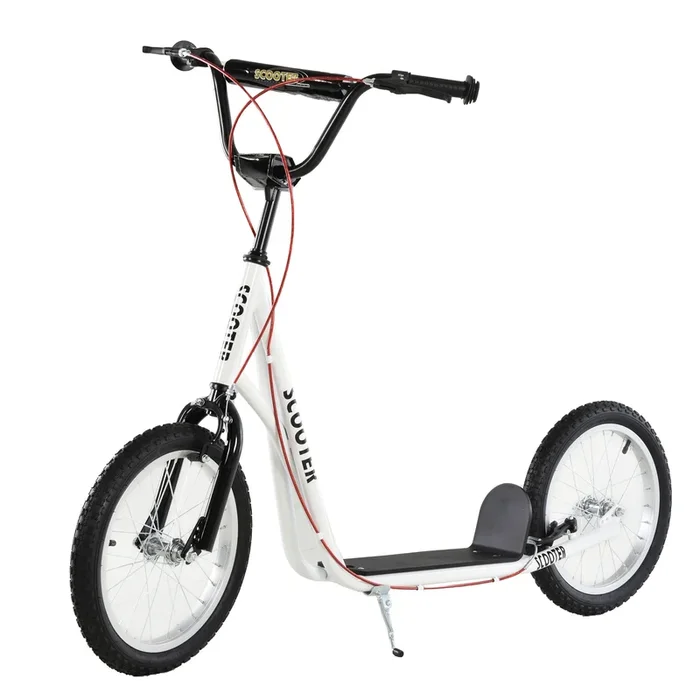 HOMCOM Scooter Patinete para Niños +5 Años y Adolescentes con Manillar Ajustable en Altura 2 Neumáticos de Caucho Inflable con Doble Freno y Ruedas 16″ Carga 100 kg 139x58x90-96 cm Blanco