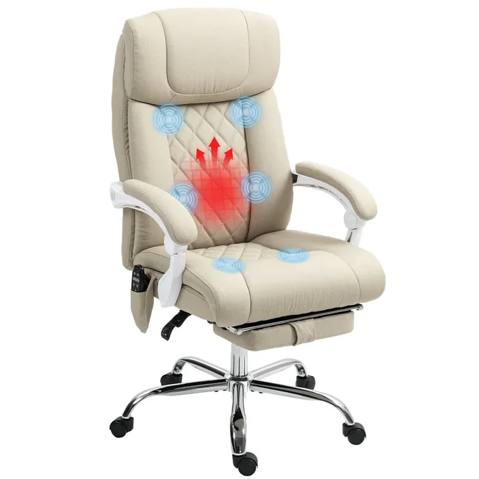 HOMCOM Silla de Oficina con Masaje de 6 Puntos Reposapiés Silla de Escritorio Reclinable con Ergonomía Función de Calefacción Altura Ajustable Respaldo Alto Asiento Ancho y Mando a Distancia Beige