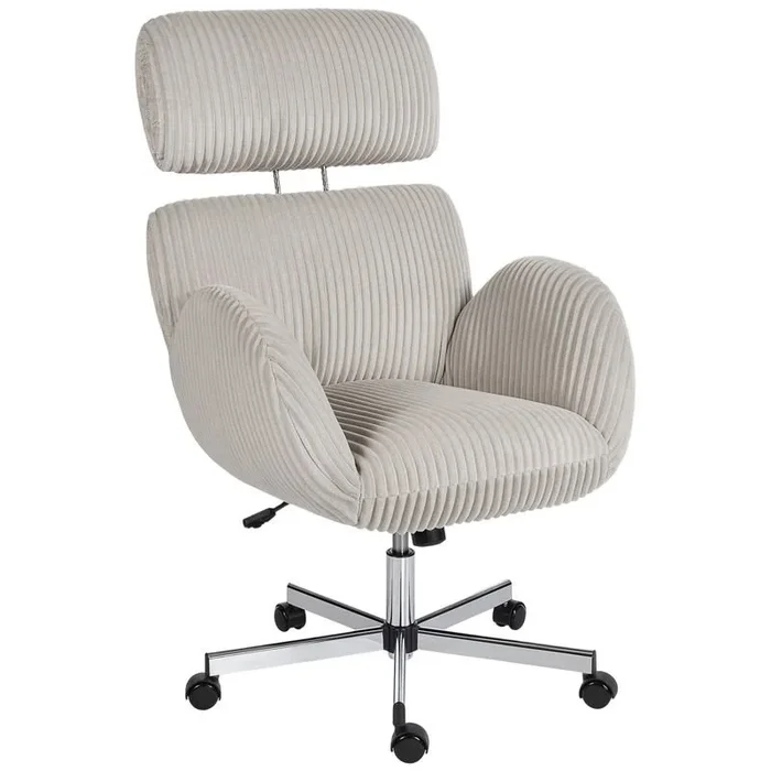 HOMCOM Silla de Oficina Piernas Cruzadas, Silla de Escritorio con Reposabrazos, Respaldo Alto, Reposacabezas Regulable, Ruedas, Altura Ajustable, Giratoria, Función Basculante, Tapizada en Pana, Gris