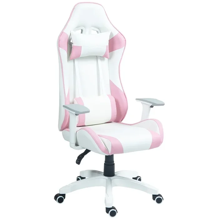 HOMCOM Silla Gaming Reclinable Silla Gamer Giratoria Sillón Gamer Profesional con Cojín Lumbar Reposabrazos 3D Reposacabezas Extraíble y Altura Ajustable Blanco y Rosa