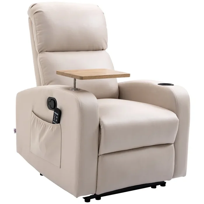 HOMCOM Sillón de Masaje con 8 Puntos de Masaje Sillón Relax Eléctrico Sofá Relax con 4 Modos Reclinación 145° Mando a Distancia Mesita 2 Bolsillos Laterales y Posavasos 77x93x105 cm Beige