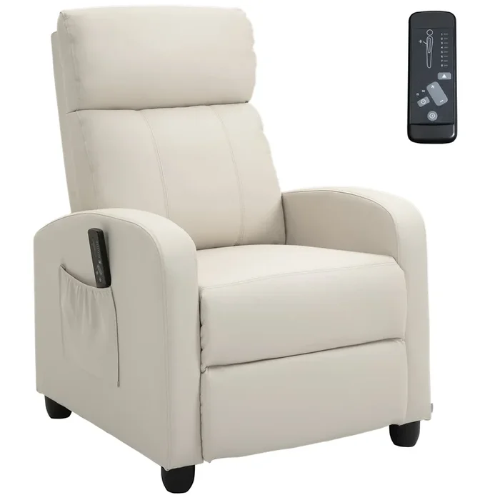 HOMCOM Sillón de Masaje Sillón Relax Reclinable con Mando a Distancia 2 Zonas de Masaje 8 Programas 5 Niveles de Intensidad 1 Bolsillo Lateral y Temporizador Tapizado en PU 68x88x98 cm Crema