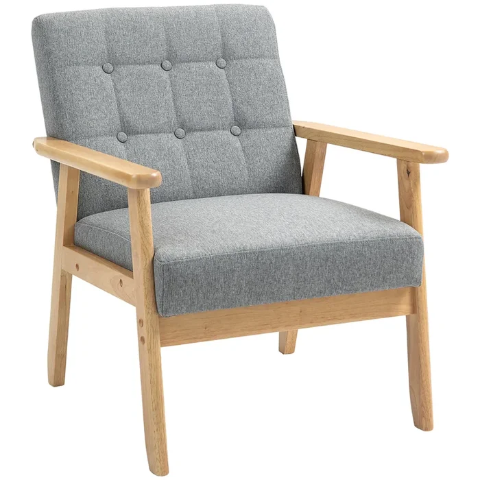 HOMCOM Sillón Individual Sofá Individual Tapizado en Lino con Reposabrazos de Madera Respaldo Acolchado Carga 130 kg Sillón para Salón Dormitorio Gris Claro