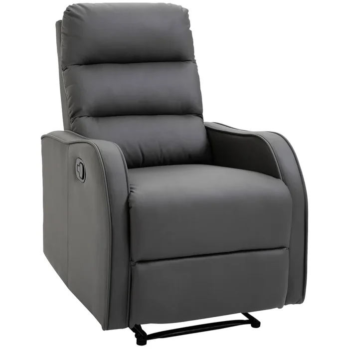 HOMCOM Sillón Relax Reclinable Manual Tapizado en PU con Reposapiés Retráctil Asiento y Respaldo Extra Acolchados para Salón Oficina Dormitorio 65x89x100 cm Gris
