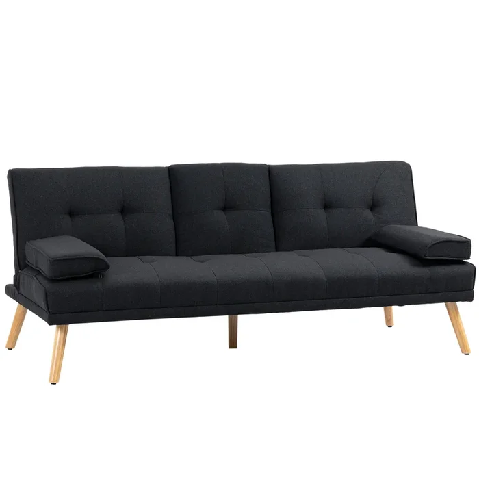 HOMCOM Sofá Cama 3 Plazas, Mesa Abatible con 2 Soportes para Vasos, 181x77x78 cm, Sofá Cama con Respaldo Ajustable, Apertura Clik-Clak, Reposabrazos Desmontables, Patas de Madera, Gris Ahumado