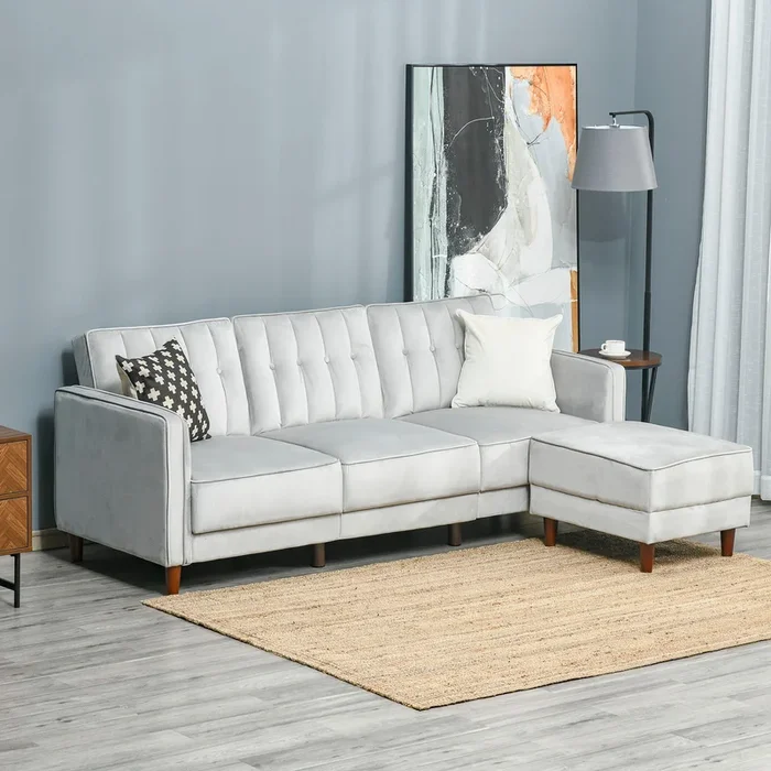 HOMCOM Sofá Cama con Chaise Longue de 3 Plazas Convertible con Reposapiés Movible Respaldo Ajustable y Reposabrazos Tacto Aterciopelado 218x85x86 cm Gris Claro