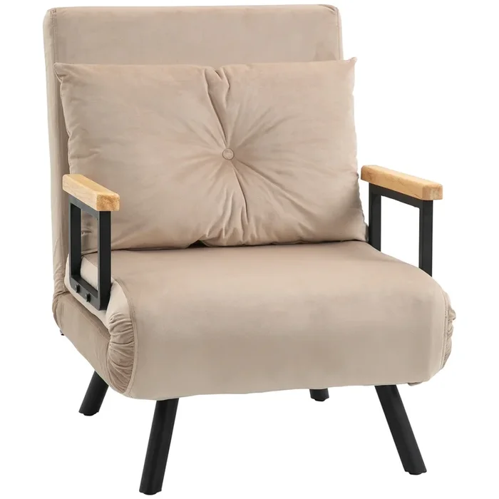 HOMCOM Sofá Cama de 1 Plaza 4 en 1 Sofá Cama Plegable Tapizado en Terciopelo con Respaldo Ajustable de 5 Niveles y Almohada Acolchada para Oficina Dormitorio Salón 63x73x81 cm Beige